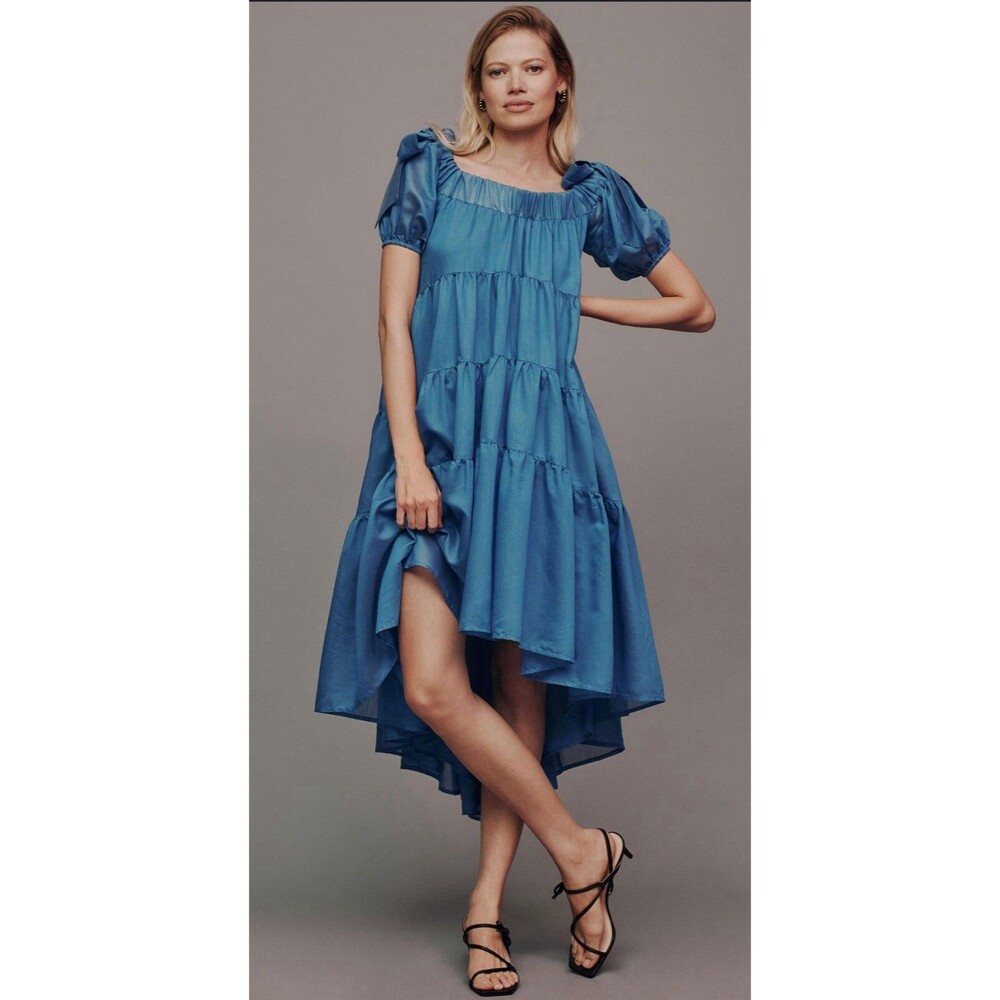 Anthropologie Midi Dress Blue Off The Shoulder Preppy Resort Boho Size XS NWT